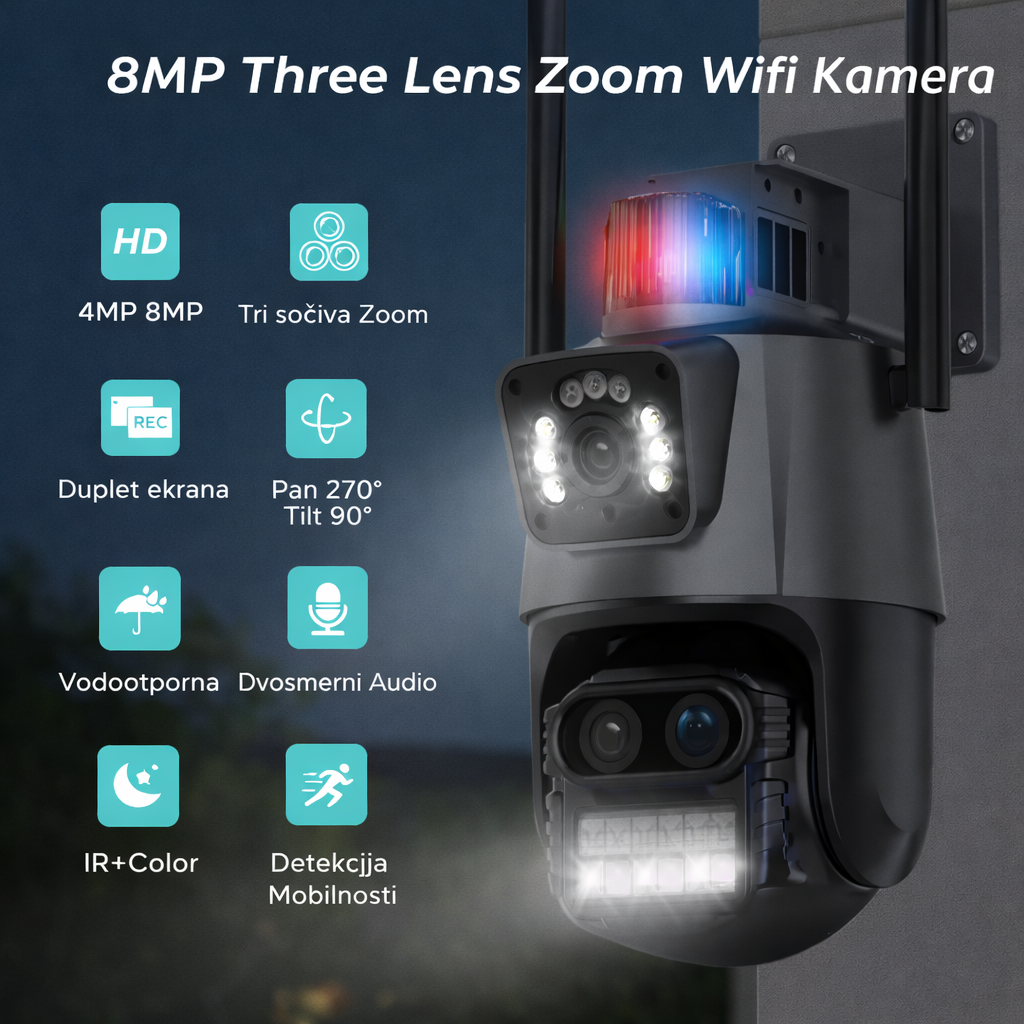 IP PTZ Kamera 4K sa 2 Sočiva, Sirenom i 8× Zoomom