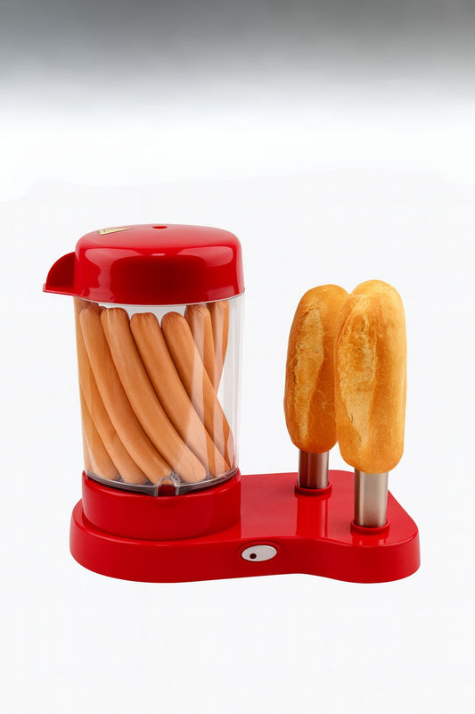 Mašina za hot dog sa posudom za viršle i grejačem za zemičke – crvena boja.