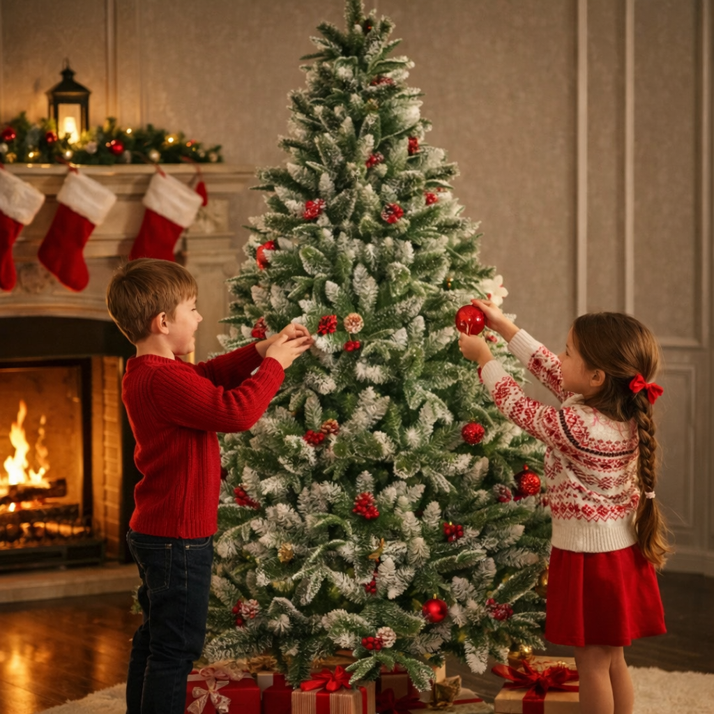 Novogodišnja jelka sa snegom i bočicama u dnevnoj sobi