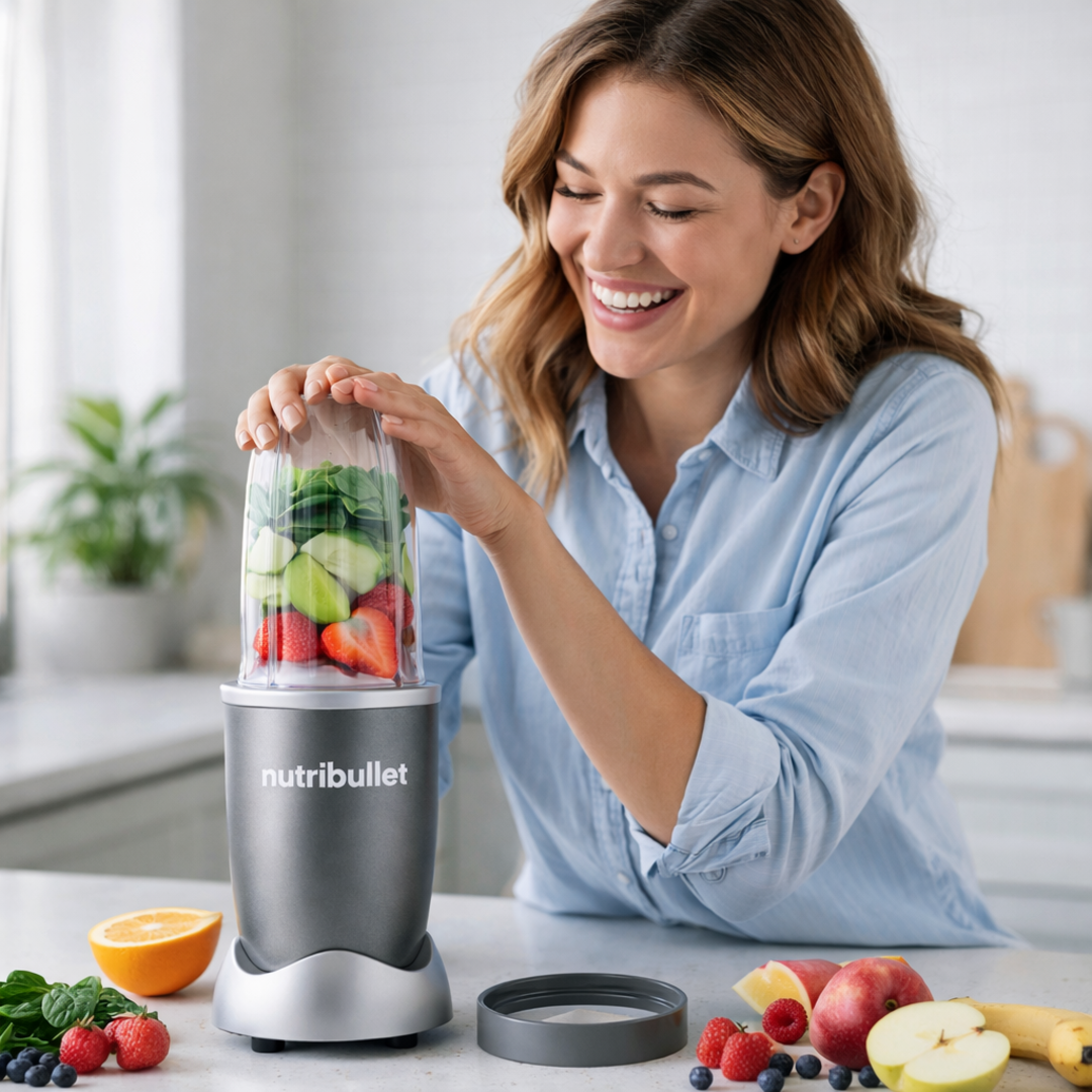 NutriBullet blender u sivoj boji na kuhinjskom pultu