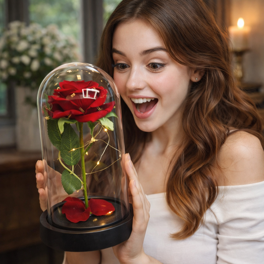 Dekorativna ruza u staklenom zvonu sa osvetljenjem