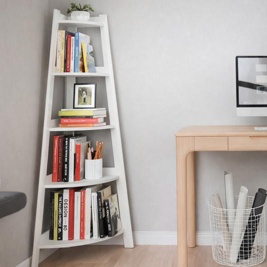 Polica za knjige postavljena u uglu sobe