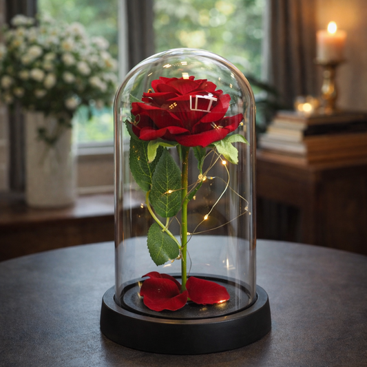 Vecna crvena ruza pod staklenim zvonom sa LED svetlima